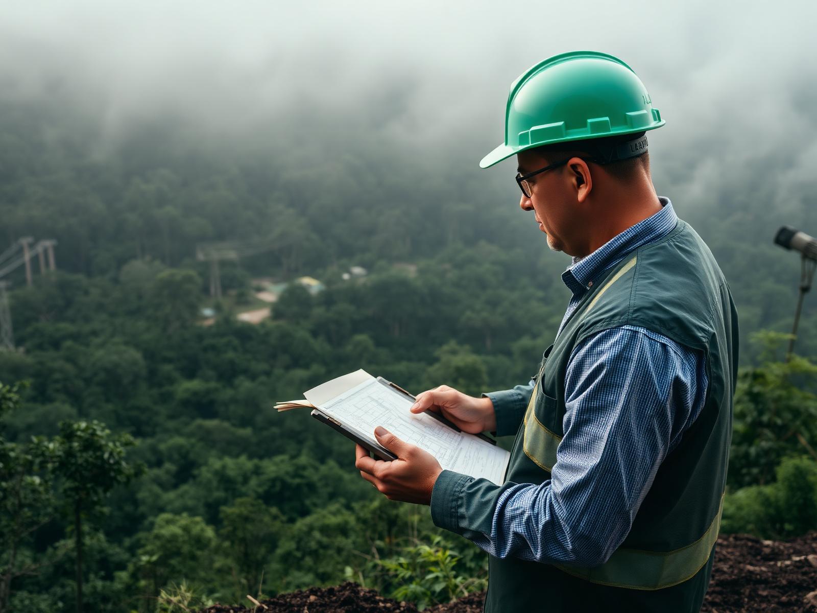 Canteiro de obras de infraestrutura com equipe técnica ambiental